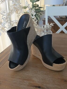 DKNY Black Leather Espadrille Wedge Mules